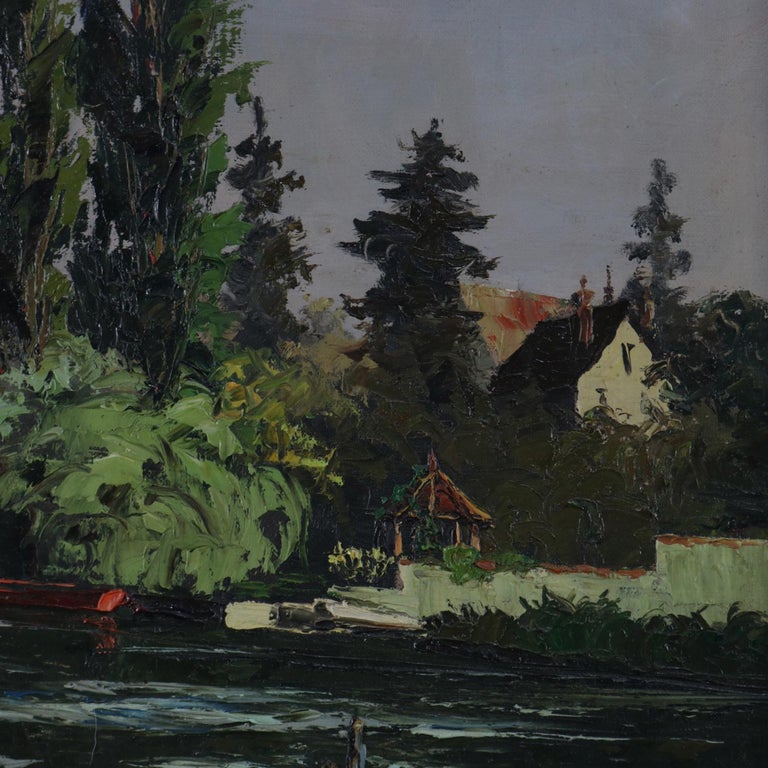 Oil on Canvas Riverscape Painting with Boat and Home, 20th Century