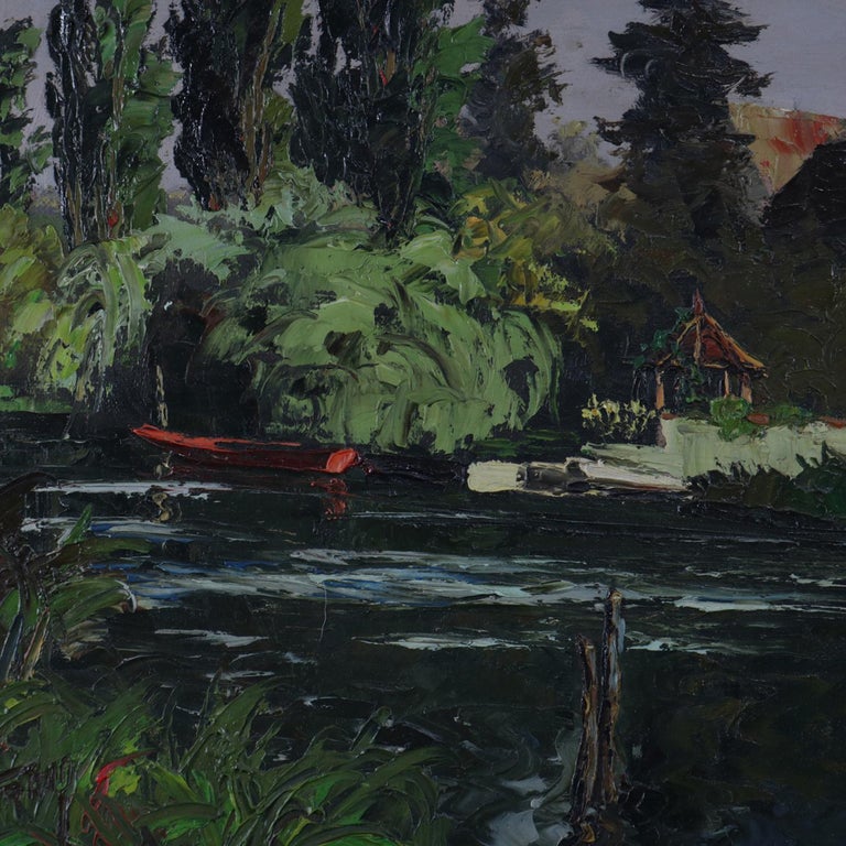 Oil on Canvas Riverscape Painting with Boat and Home, 20th Century