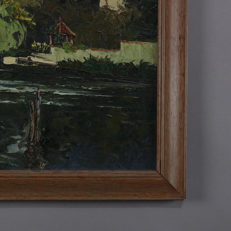 Oil on Canvas Riverscape Painting with Boat and Home, 20th Century