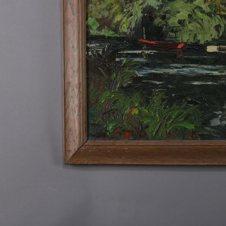 Oil on Canvas Riverscape Painting with Boat and Home, 20th Century
