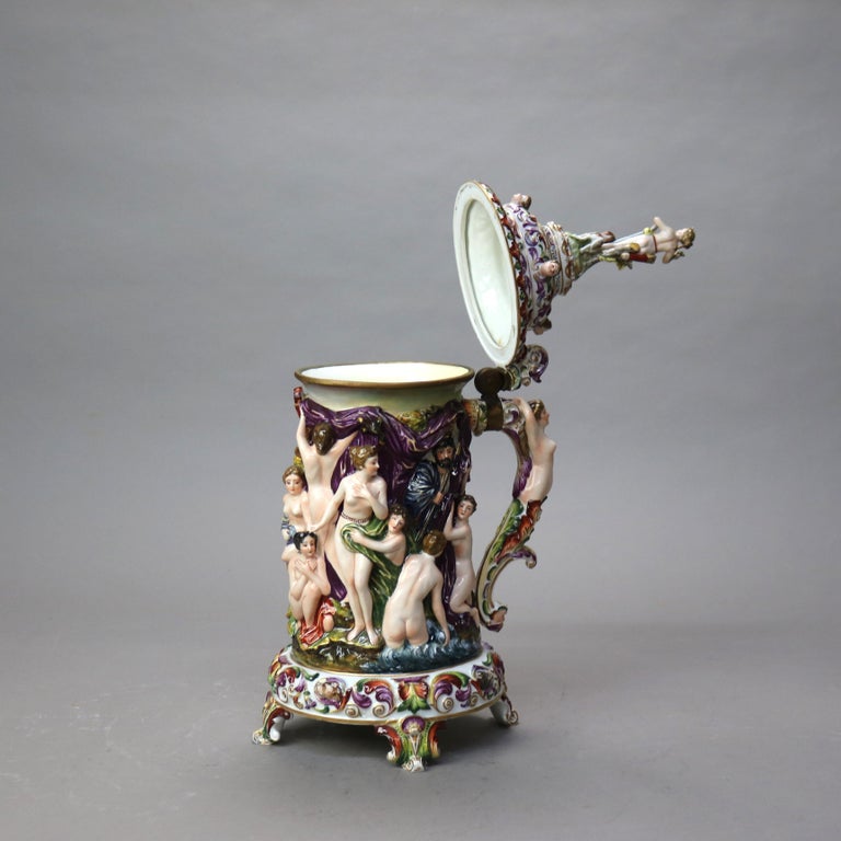 Oversized Antique Majolica Figural Footed Tankard with Classical Scene c1890