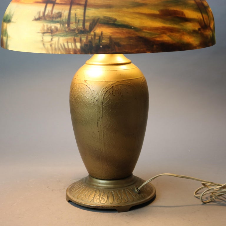 Arts & Crafts Jefferson Reverse Painted Table Lamp with Landscape Scene C1920