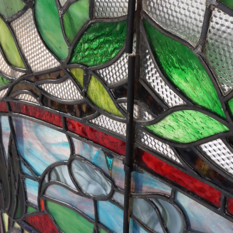 Antique Arts & Crafts Stained Leaded Glass Scenic & Foliate Window c1920