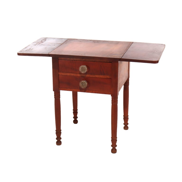 Antique Sheraton Cherry & Tiger Maple Two Drawer Drop Leaf Table C1840