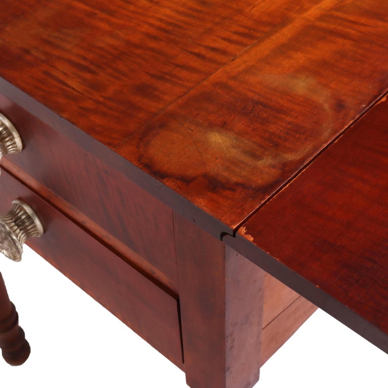 Antique Sheraton Cherry & Tiger Maple Two Drawer Drop Leaf Table C1840