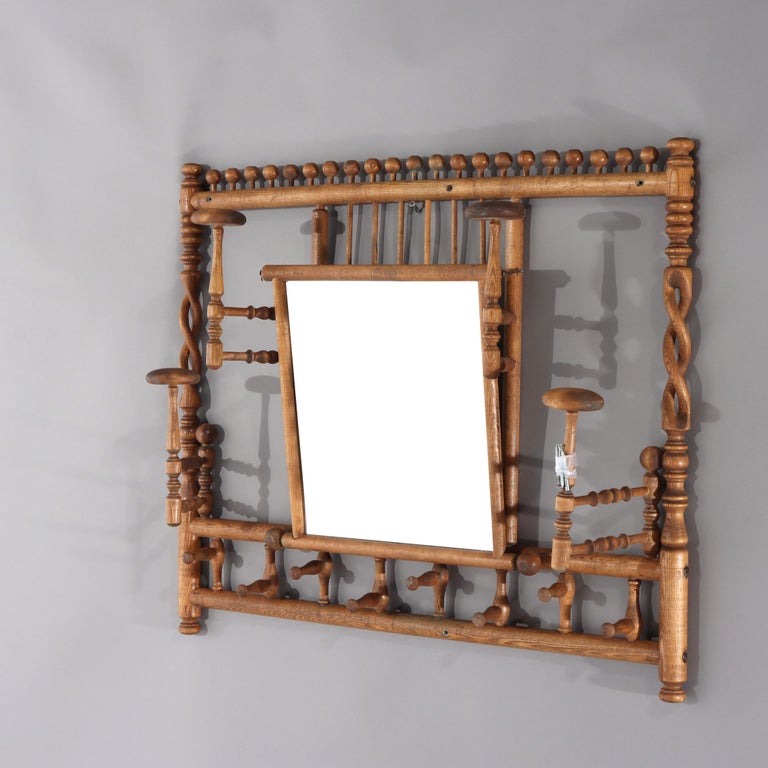 Antique Oak Stick & Ball Hat Rack with Mirror C1920