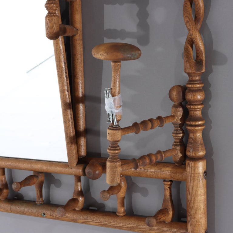 Antique Oak Stick & Ball Hat Rack with Mirror C1920