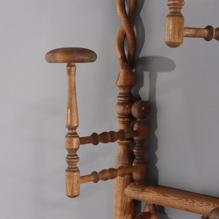 Antique Oak Stick & Ball Hat Rack with Mirror C1920
