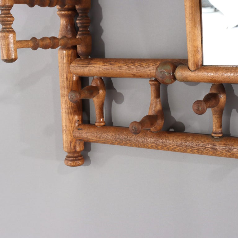 Antique Oak Stick & Ball Hat Rack with Mirror C1920