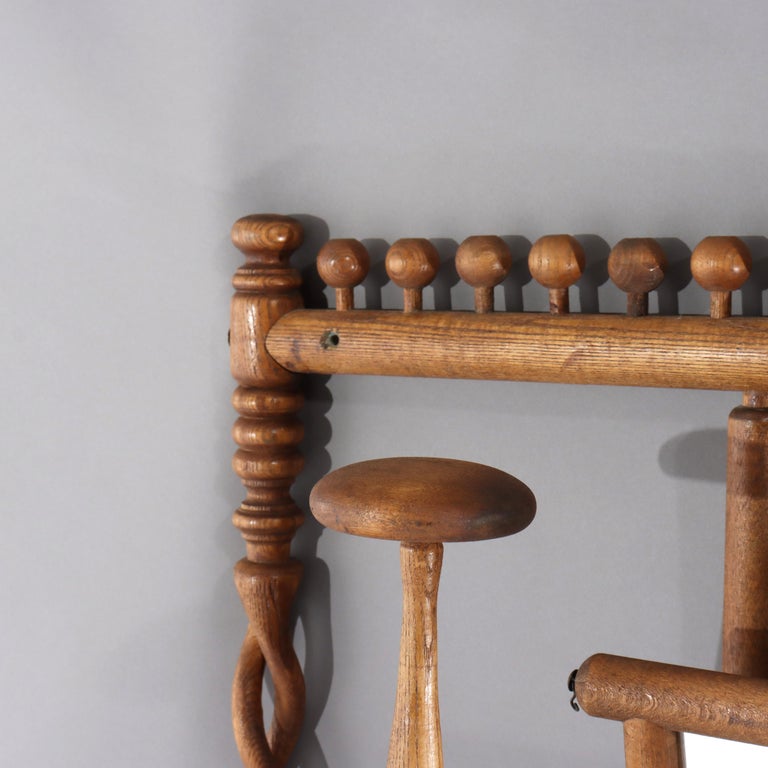 Antique Oak Stick & Ball Hat Rack with Mirror C1920