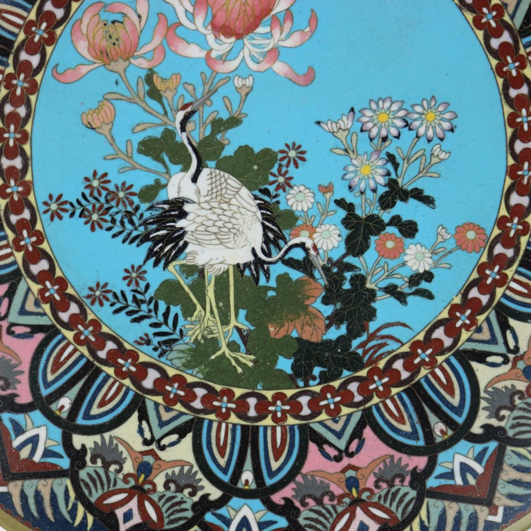 Antique Japanese Cloisonne Charger with Marsh Scene & Heron c1920