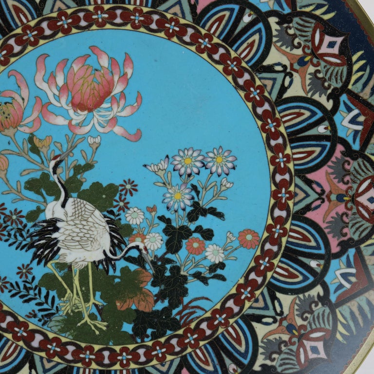 Antique Japanese Cloisonne Charger with Marsh Scene & Heron c1920