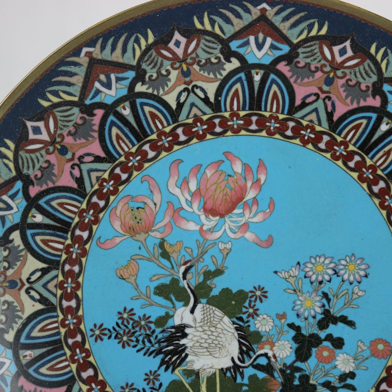 Antique Japanese Cloisonne Charger with Marsh Scene & Heron c1920