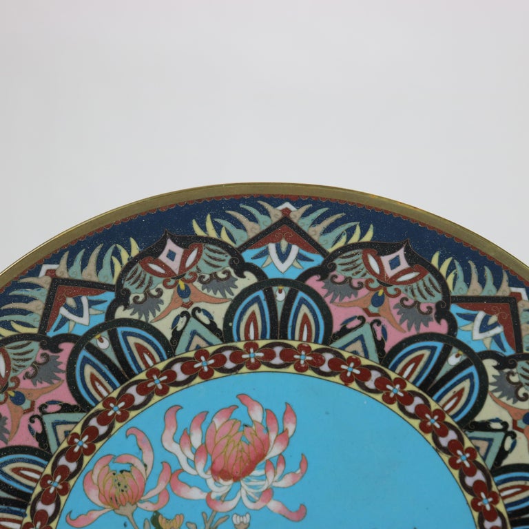 Antique Japanese Cloisonne Charger with Marsh Scene & Heron c1920