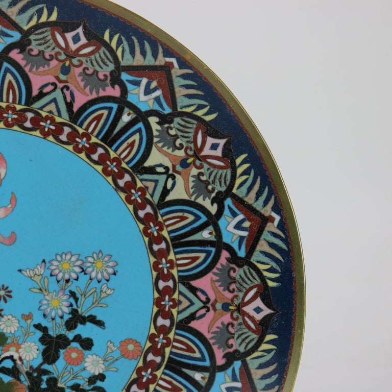 Antique Japanese Cloisonne Charger with Marsh Scene & Heron c1920