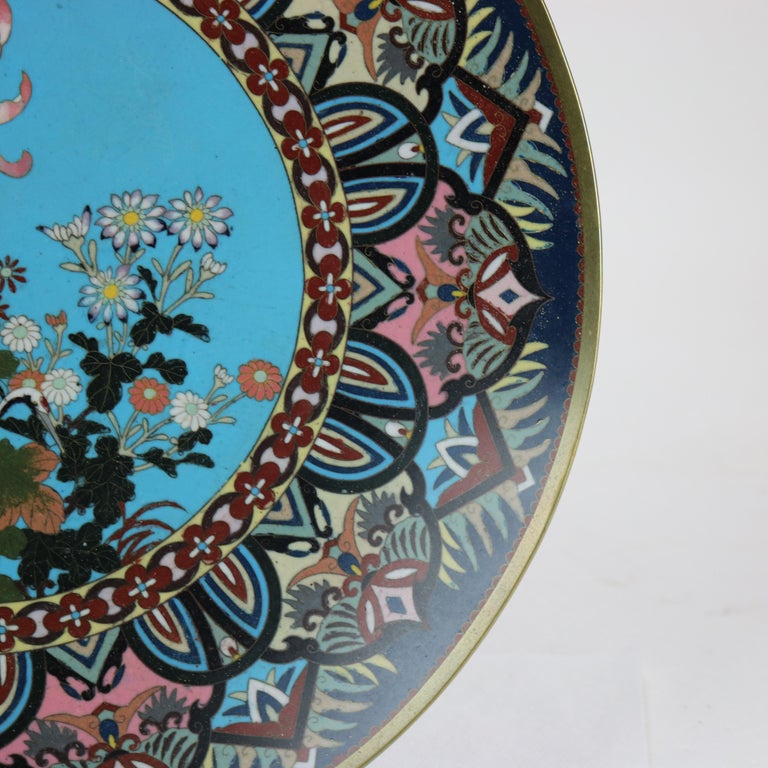 Antique Japanese Cloisonne Charger with Marsh Scene & Heron c1920