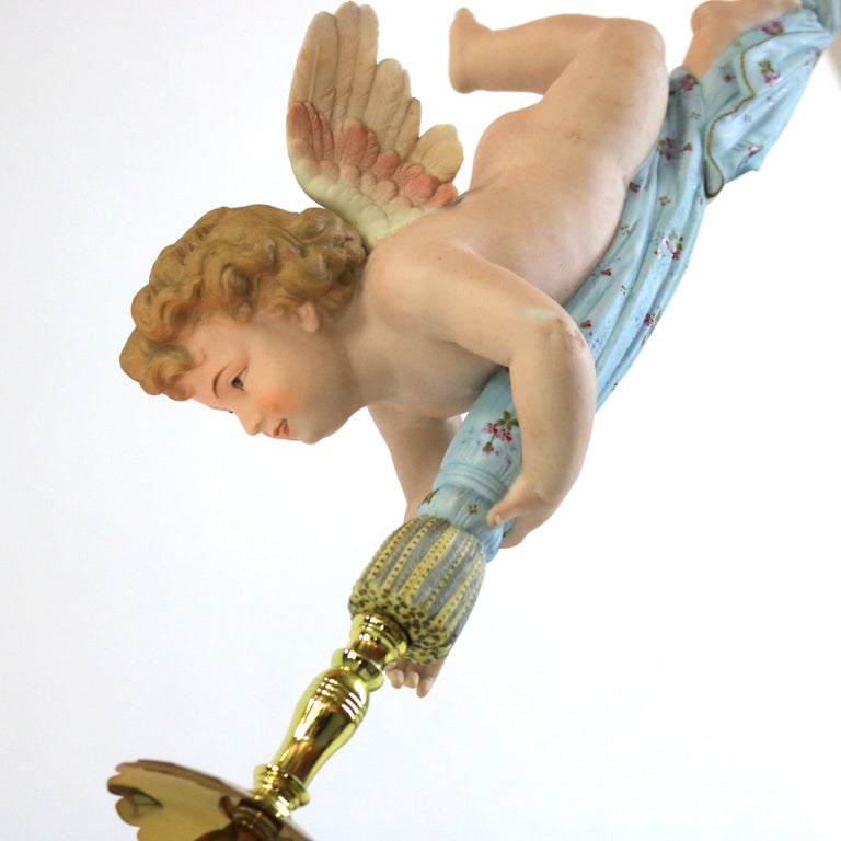 French Gilt Bronze, Brass & Bisque Figural Cupid Pendant Light & Jeweled Shade