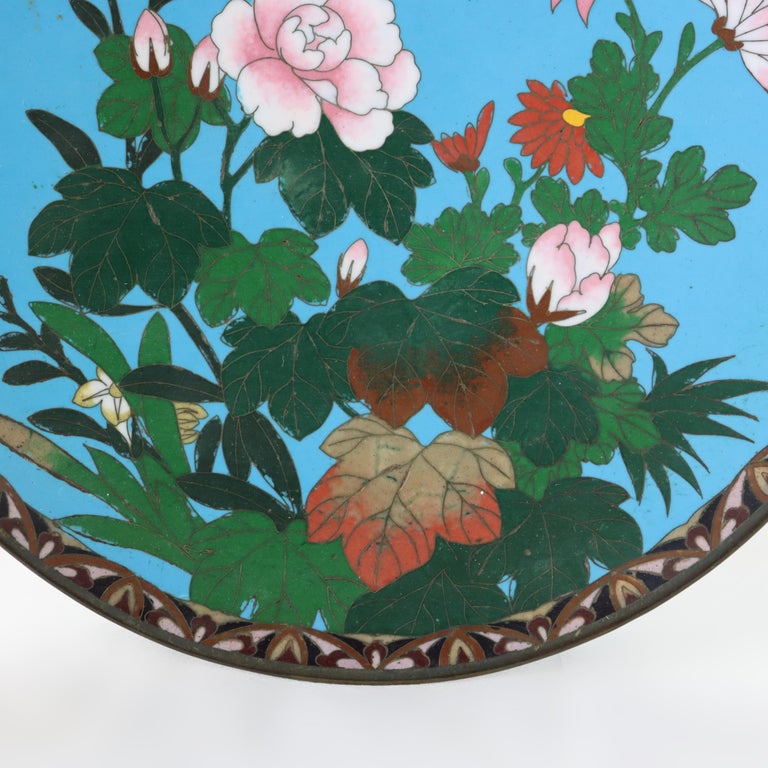 Antique Chinese Floral & Figural Cloisonne Enameled Plate C1920
