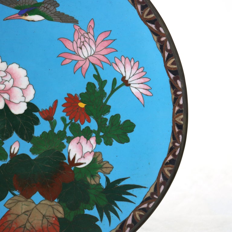 Antique Chinese Floral & Figural Cloisonne Enameled Plate C1920