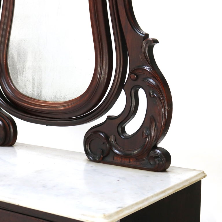 Antique Victorian Rococo Revival Walnut Marble Top Four-Drawer Dresser