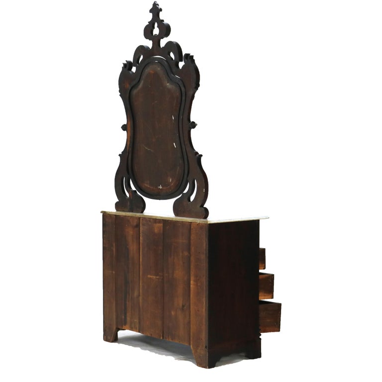 Antique Victorian Rococo Revival Walnut Marble Top Four-Drawer Dresser