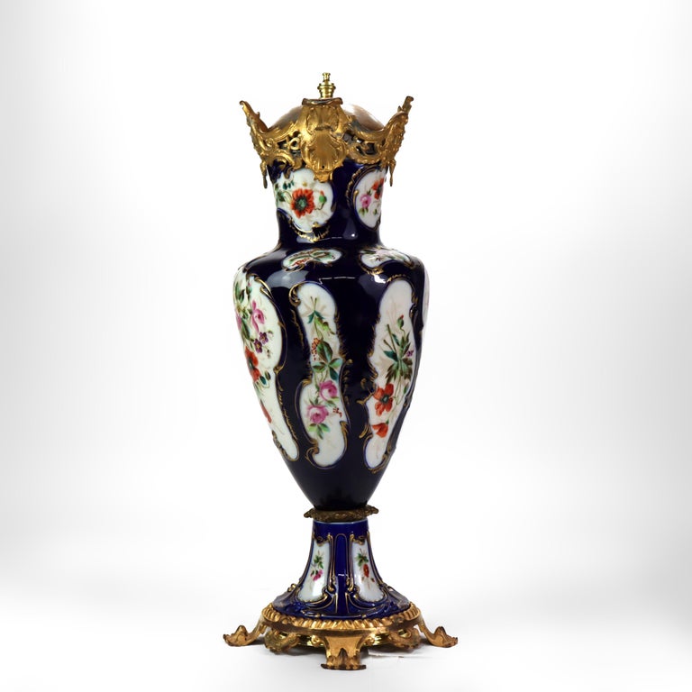 Antique Sevres School Cobalt & Gilt Porcelain Covered Urn C1890