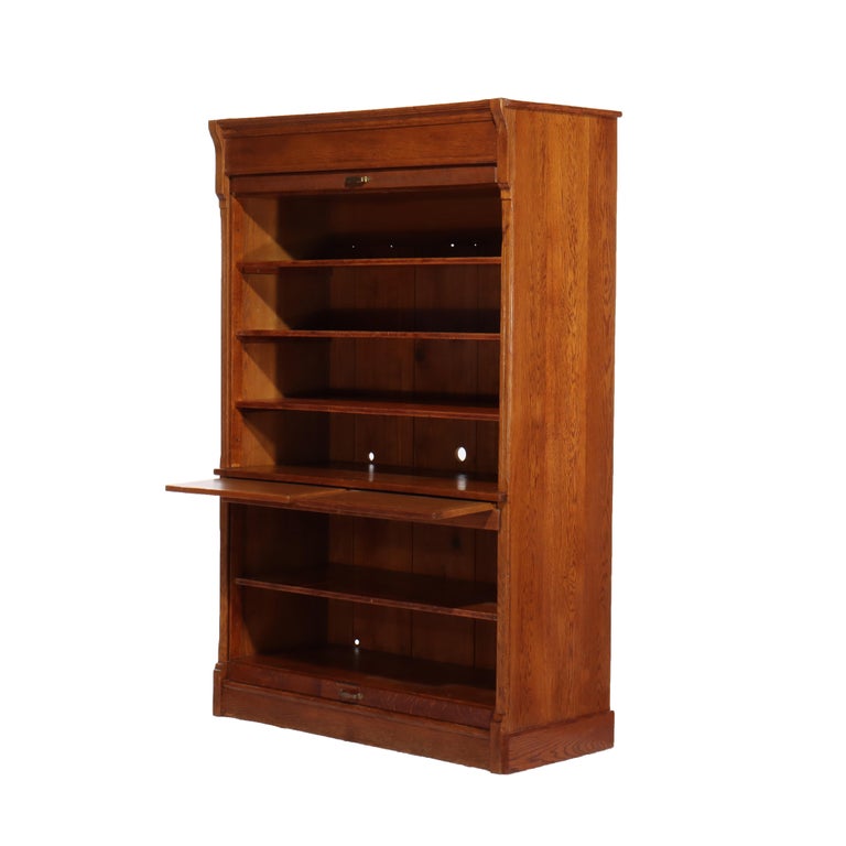 Oversized Antique Oak Roll Front Bookcase C1920