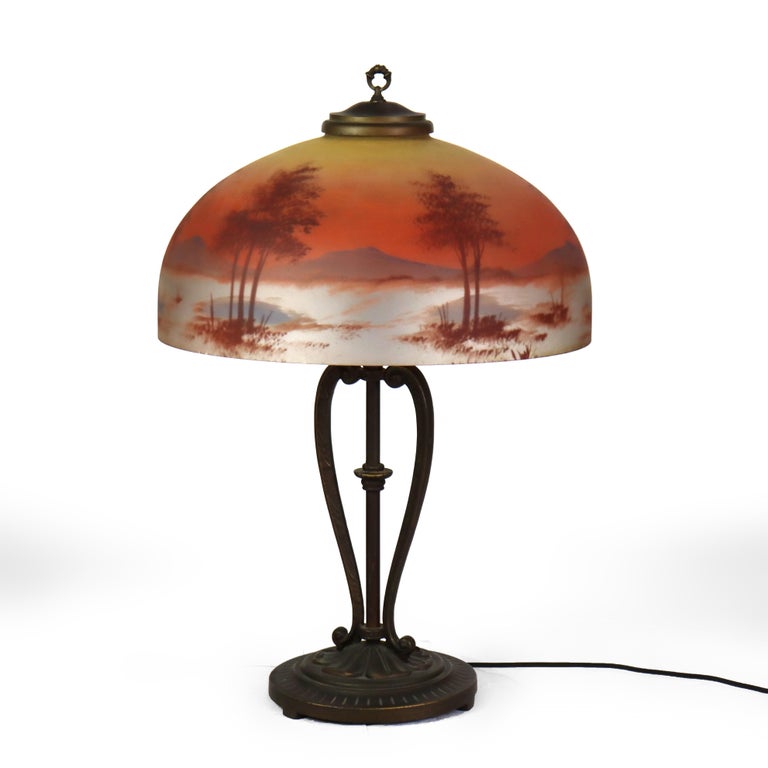 Antique Handel School Reverse Painted Scenic Table Lamp C1920