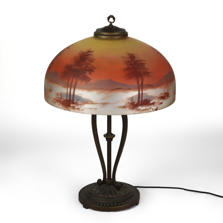 Antique Handel School Reverse Painted Scenic Table Lamp C1920