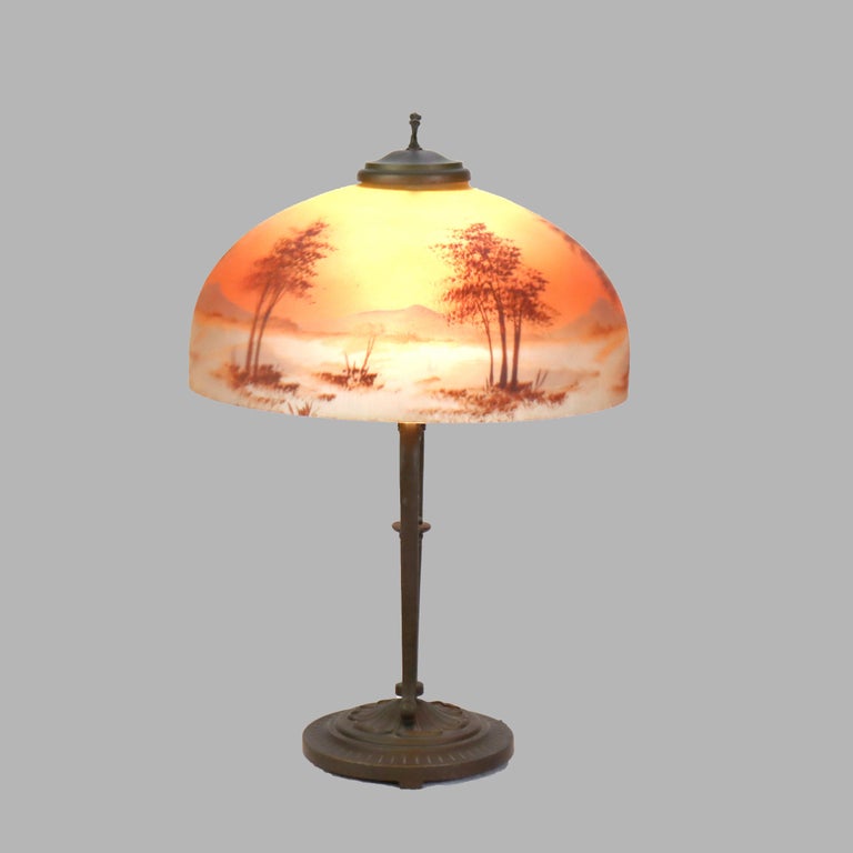 Antique Handel School Reverse Painted Scenic Table Lamp C1920