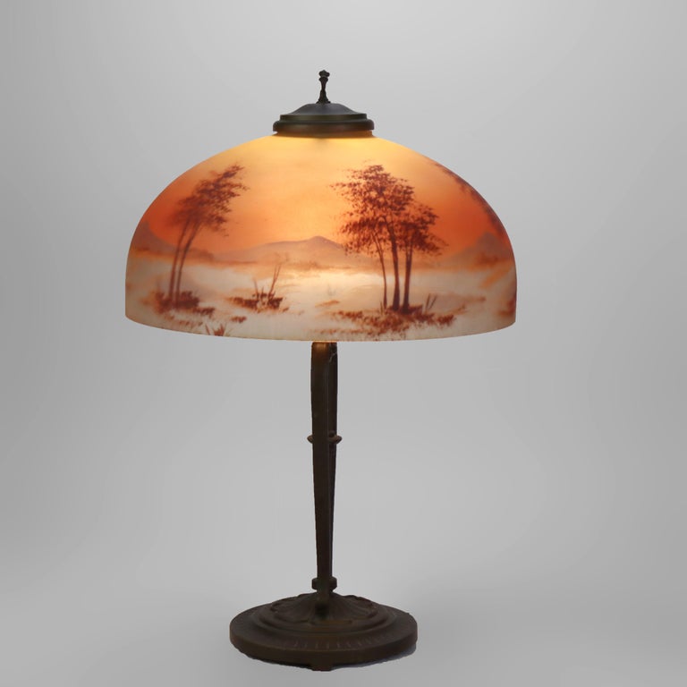 Antique Handel School Reverse Painted Scenic Table Lamp C1920