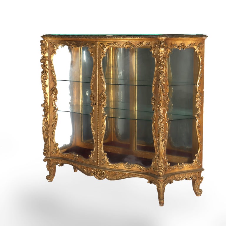 Antique French Louis XIV Style Rococo Figural & Floral Carved Gilt Wood Vitrine
