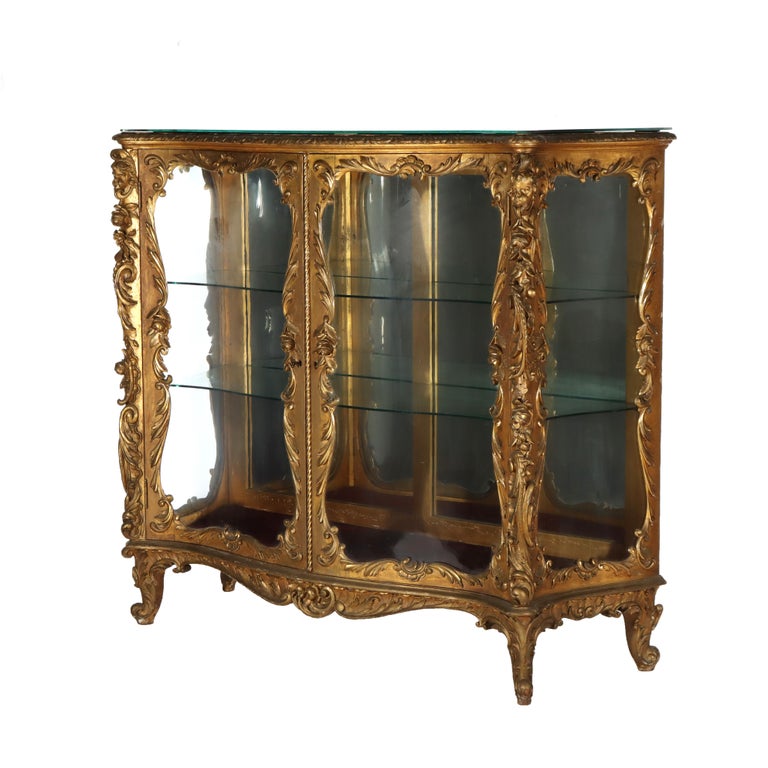 Antique French Louis XIV Style Rococo Figural & Floral Carved Gilt Wood Vitrine