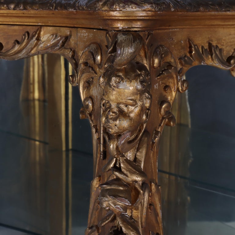 Antique French Louis XIV Style Rococo Figural & Floral Carved Gilt Wood Vitrine