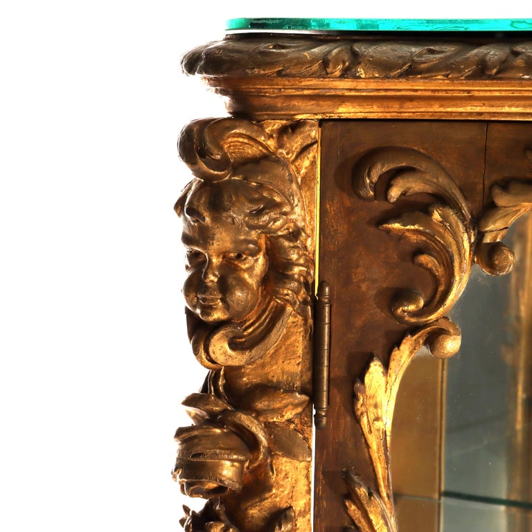 Antique French Louis XIV Style Rococo Figural & Floral Carved Gilt Wood Vitrine