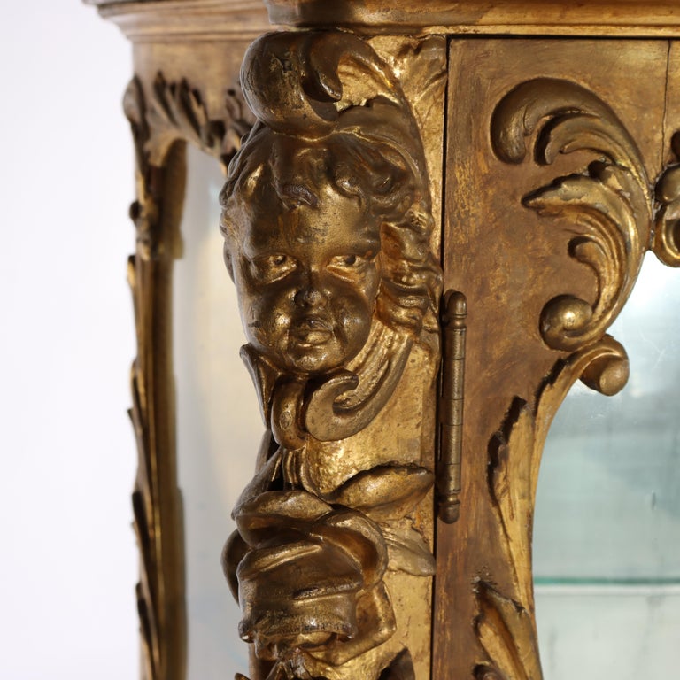 Antique French Louis XIV Style Rococo Figural & Floral Carved Gilt Wood Vitrine