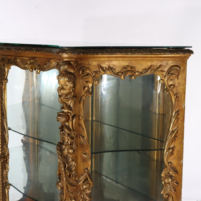 Antique French Louis XIV Style Rococo Figural & Floral Carved Gilt Wood Vitrine
