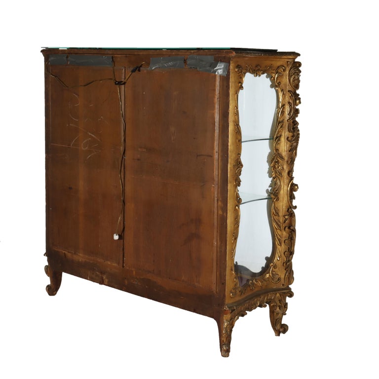 Antique French Louis XIV Style Rococo Figural & Floral Carved Gilt Wood Vitrine