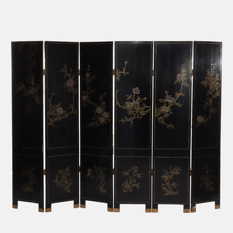 Antique Chinese Ebonized Six Panel Dressing Screen Early 20thC
