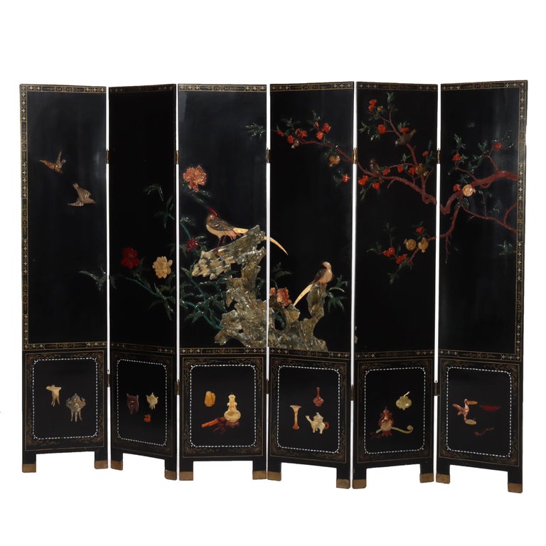 Antique Chinese Ebonized Six Panel Dressing Screen Early 20thC