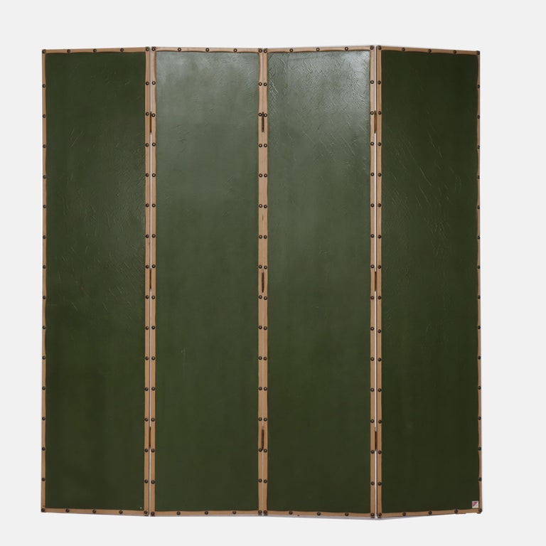 Antique Hand Painted Leather on Board Four Panel Dressing Screen 20thC