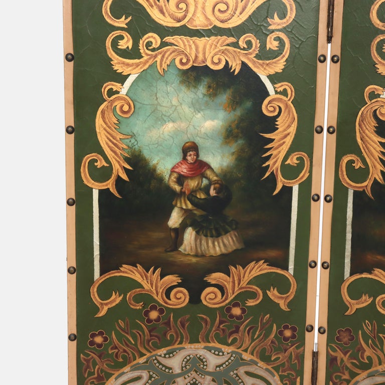 Antique Hand Painted Leather on Board Four Panel Dressing Screen 20thC