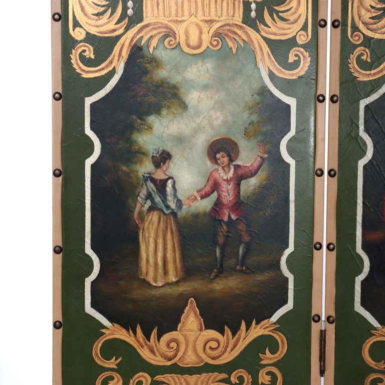 Antique Hand Painted Leather on Board Four Panel Dressing Screen 20thC