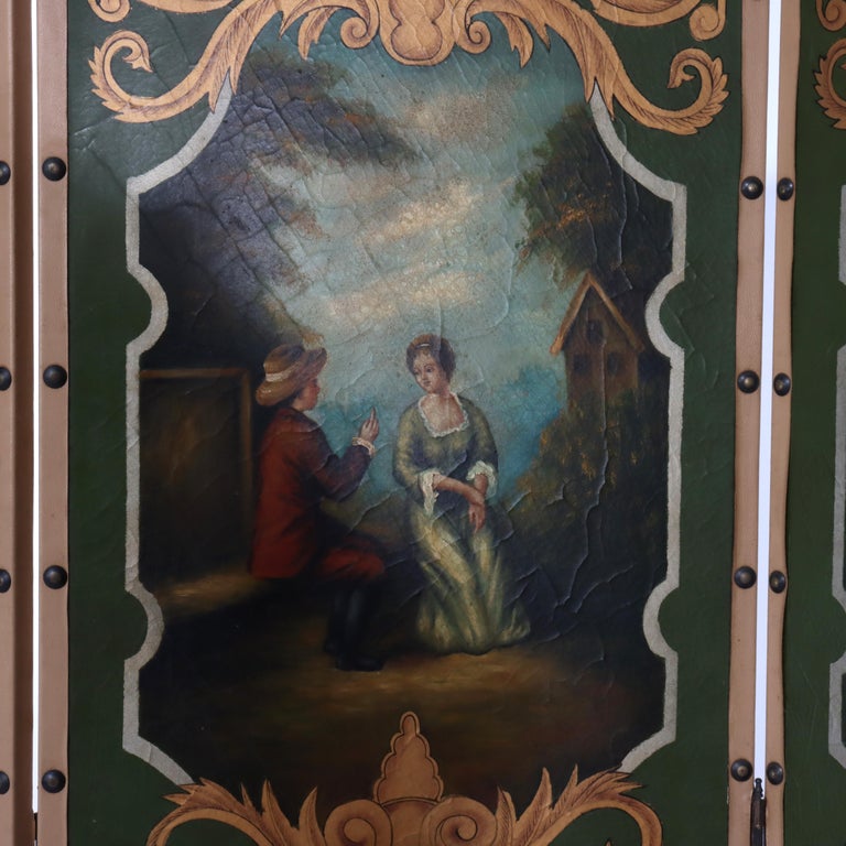 Antique Hand Painted Leather on Board Four Panel Dressing Screen 20thC