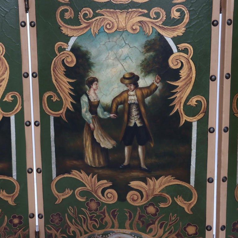 Antique Hand Painted Leather on Board Four Panel Dressing Screen 20thC
