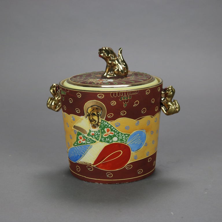 Japanese Figural Hand Painted Porcelain Ice Bucket with Wise Men & Foo Dog 20thC