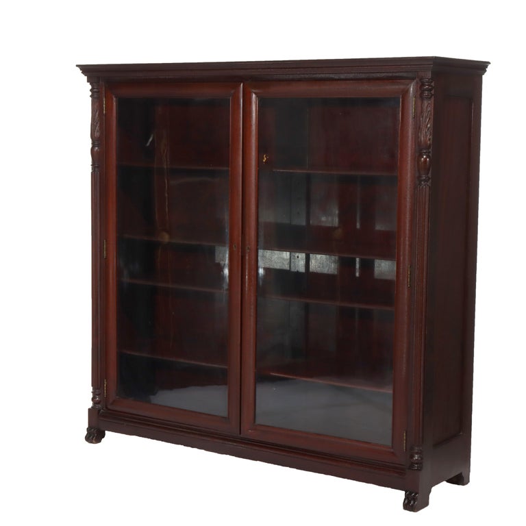 Antique American Empire Carved Mahogany Double Door Bookcase Early 20thC