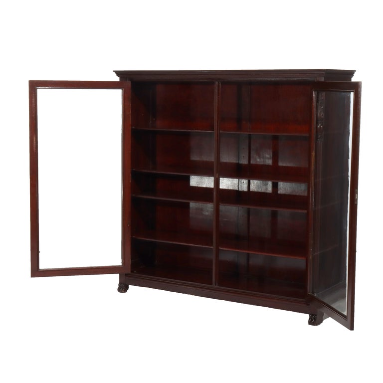 Antique American Empire Carved Mahogany Double Door Bookcase Early 20thC