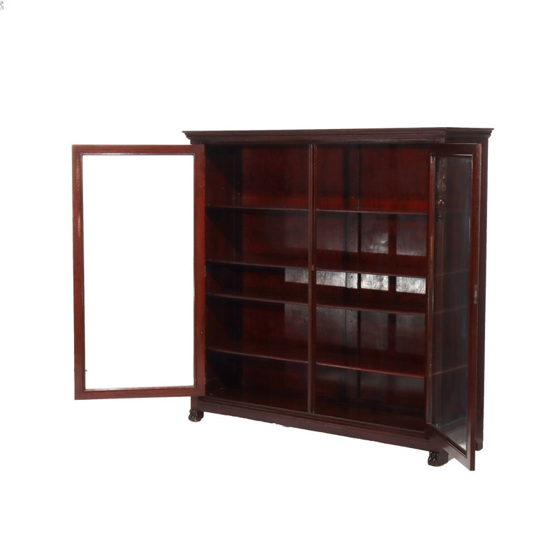 Antique American Empire Carved Mahogany Double Door Bookcase Early 20thC