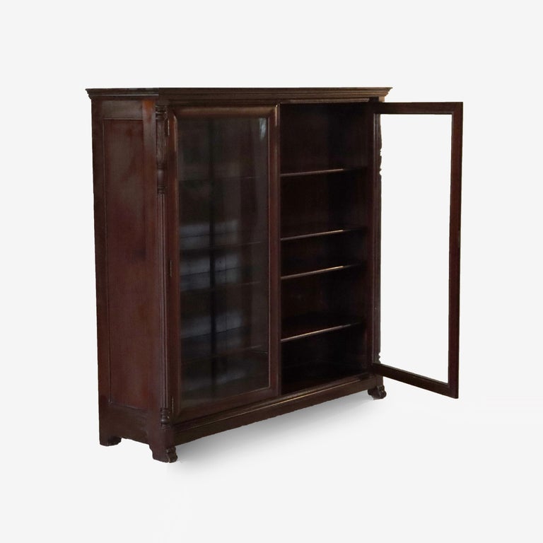 Antique American Empire Carved Mahogany Double Door Bookcase Early 20thC